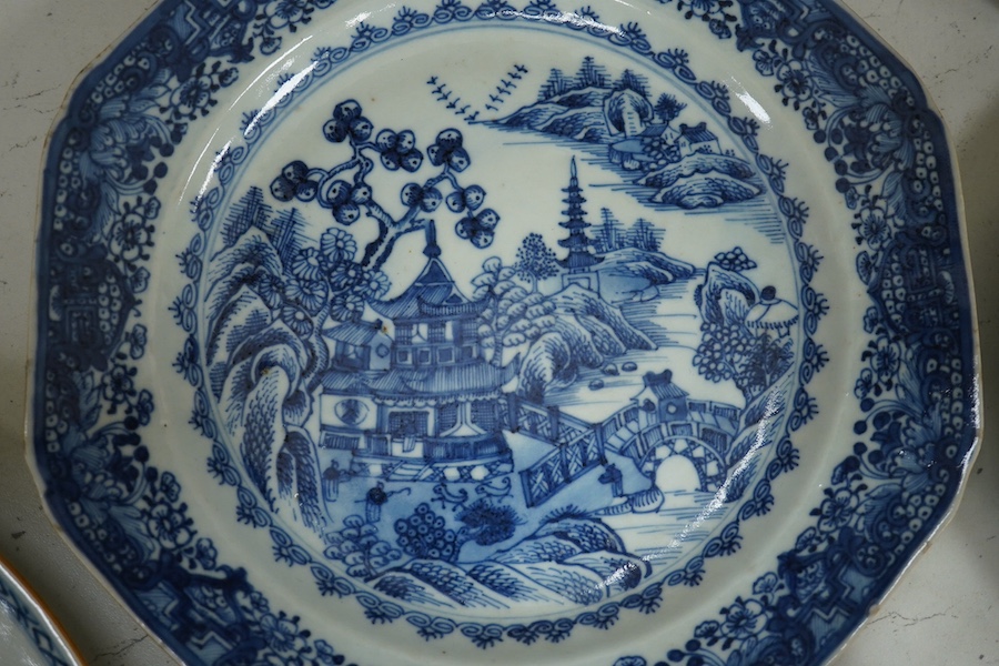 Nine items of mixed 18th century and later Chinese ceramics etc., largest plate 22.5cm diameter. Condition - minor chips to plate and bowl edges